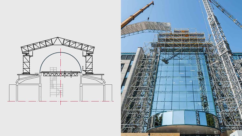 Per la ristrutturazione di una cupola in vetro, PERI ha progettato una piattaforma PERI UP lunga 64 m, collocata a 23 m di altezza. Una copertura di protezione al di sopra alla cupola permette di lavorare indipendentemente dalle condizioni meteorologiche