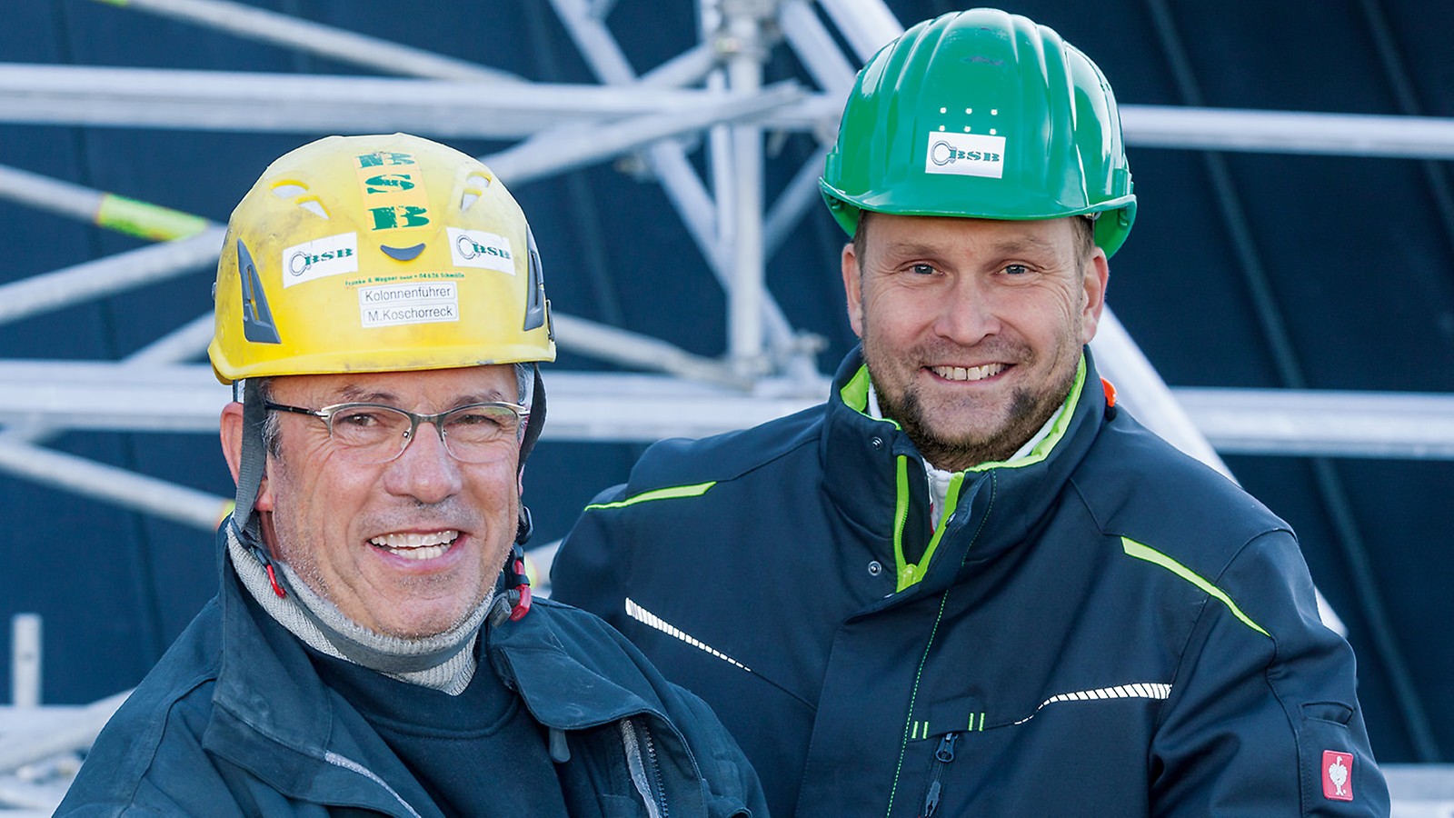 Porträt von Michael Koschorreck, Kolonnenführer und Andreas Dölz, Bauleiter bei BSB Bau- und Spezialgerüstbau Franke & Wagner GmbH