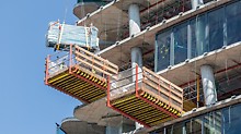 MP Landing Platforms: Part of the PERI climbing concept was the utilization of MP Landing Platforms for moving and intermediate storage of formwork materials. The cantilevered RCS Rails were simply clamped by means of MULTIPROP props between two floor slabs.