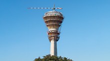 Air traffic control tower, Buenos Aires-Ezeiza Airport, Buenos Aires, Argentina: The new air traffic control tower at Buenos Aires-Ezeiza Airport reaches a height of 108.40 m and provides a 360° field of vision over the entire airport complex.