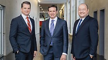 The PERI Group Management announced a 13 % increase in turnover at the start of 2016 compared to the previous year: 7,700 employees worldwide generated a turnover totalling EUR 1.3 billion.  Pictured from left: Dr Fabian Kracht (Managing Director Finance and Organisation), Alexander Schwörer (Managing Director Sales and Marketing) and Leonhard Braig (Managing Director Product and Technology).