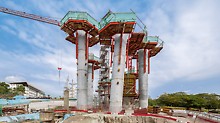 On the basis of the RCS Rail Climbing System, the inclined circular columns could be efficiently constructed.
