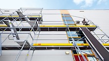 The new PERI UP scaffolding system is a "lightweight" among steel facade scaffoldings, and, in addition, it provides a high level of safety in the system: the guardrail for the next level is installed together with the Easy* Frame from the lower scaffolding level without requiring any additional components.