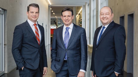 The management at PERI is pleased about the new location in Günzburg (from left to right): Dr. Fabian Kracht, Managing Director Finance and Organisation, Alexander Schwörer, Managing Director Sales and Marketing, Leonhard Braig, Managing Director Product and Engineering.
