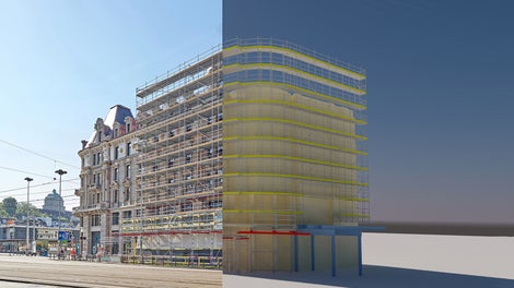 Mit digitaler Planung zum Projekterfolg: 3D-Laserscanning, CAD-Planung und BIM<br/>ermöglichten trotz komplexer Gebäudegeometrie eine detaillierte Gerüstplanung inkl. Zeit- und Materialeinsatz.<br/>