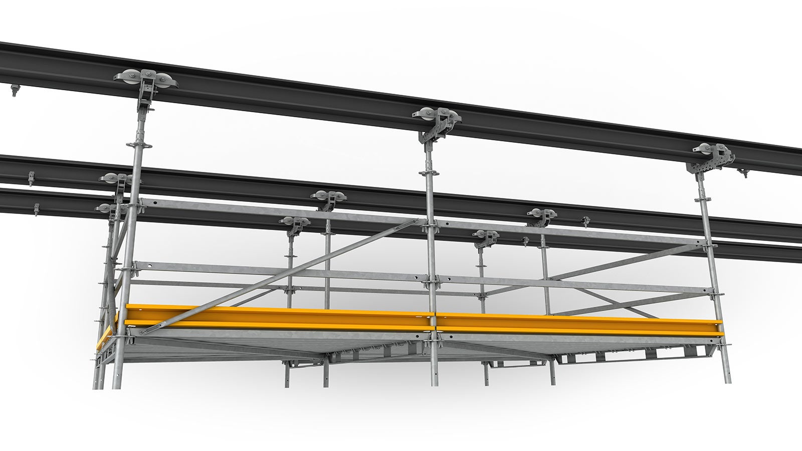The suspended scaffold can be manoeuvred with little effort due to smooth plastic rollers.