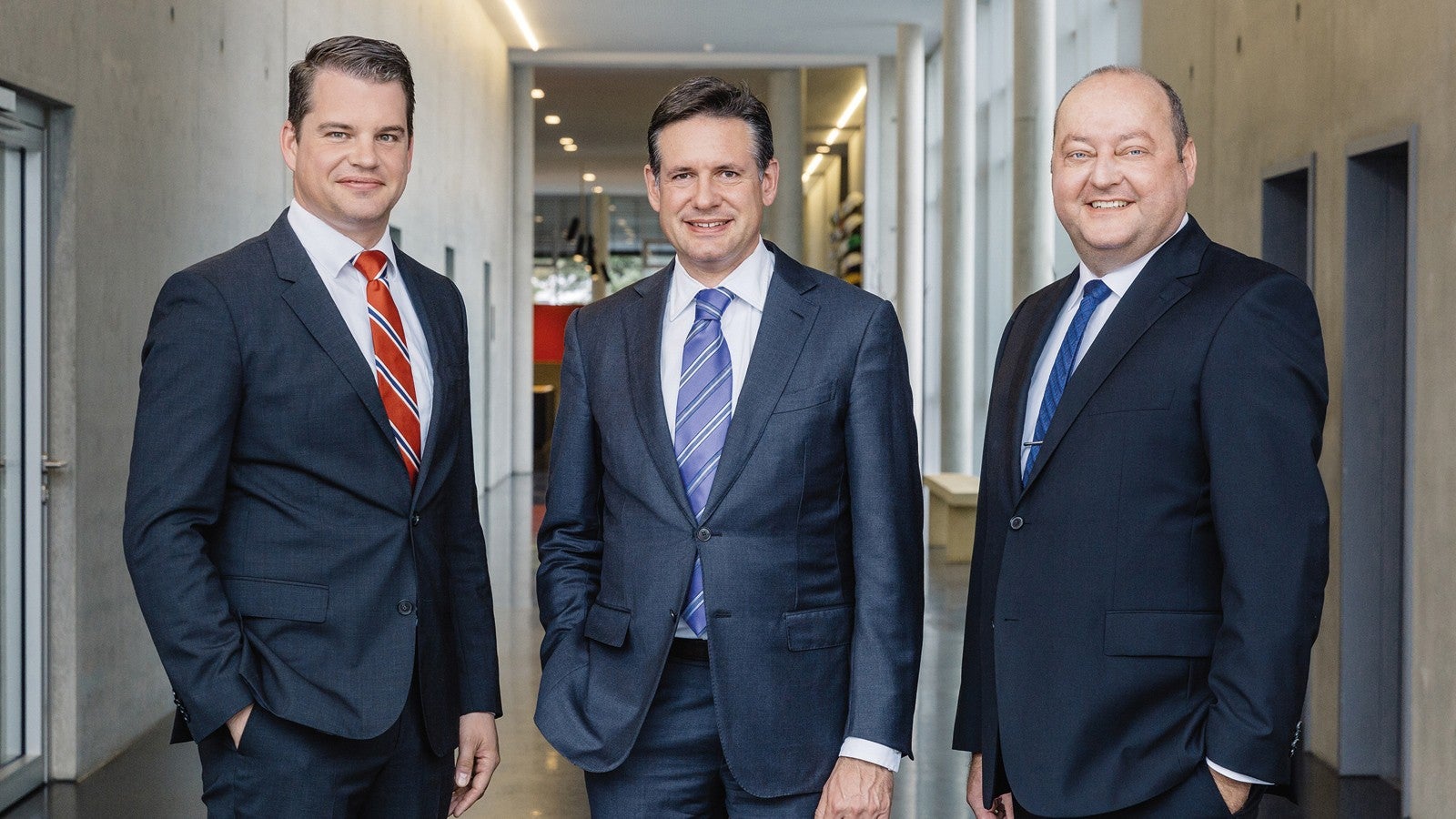 The management at PERI is pleased about the new location in Günzburg (from left to right): Dr. Fabian Kracht, Managing Director Finance and Organisation, Alexander Schwörer, Managing Director Sales and Marketing, Leonhard Braig, Managing Director Product and Engineering.