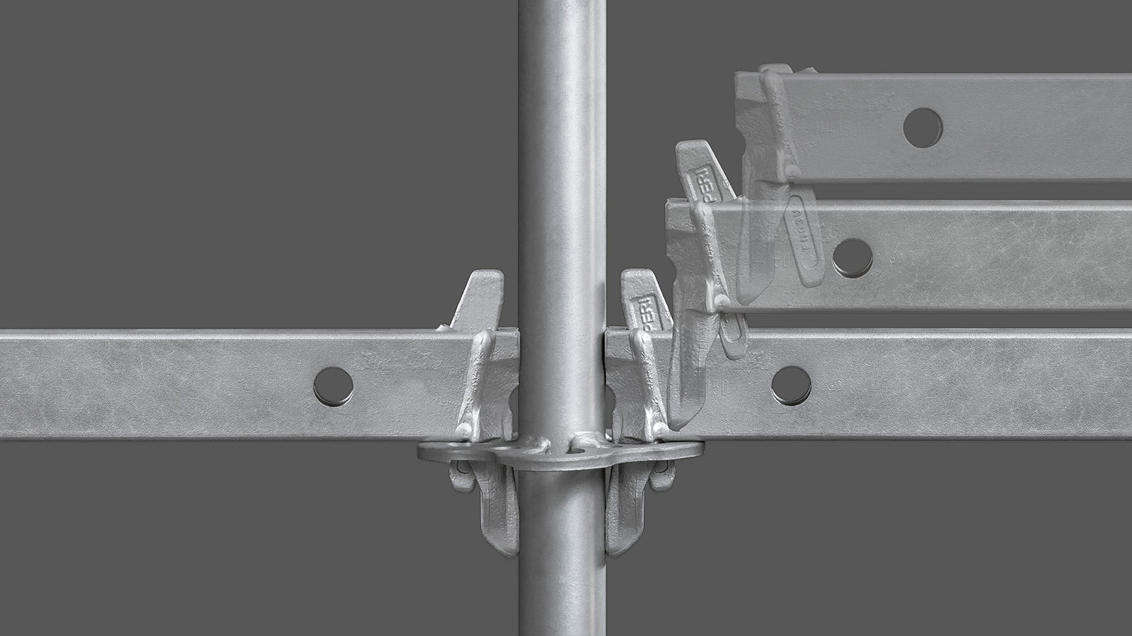 During erection, the wedge of the waler falls into the Rosett joints due to its own gravity and locks automatically.