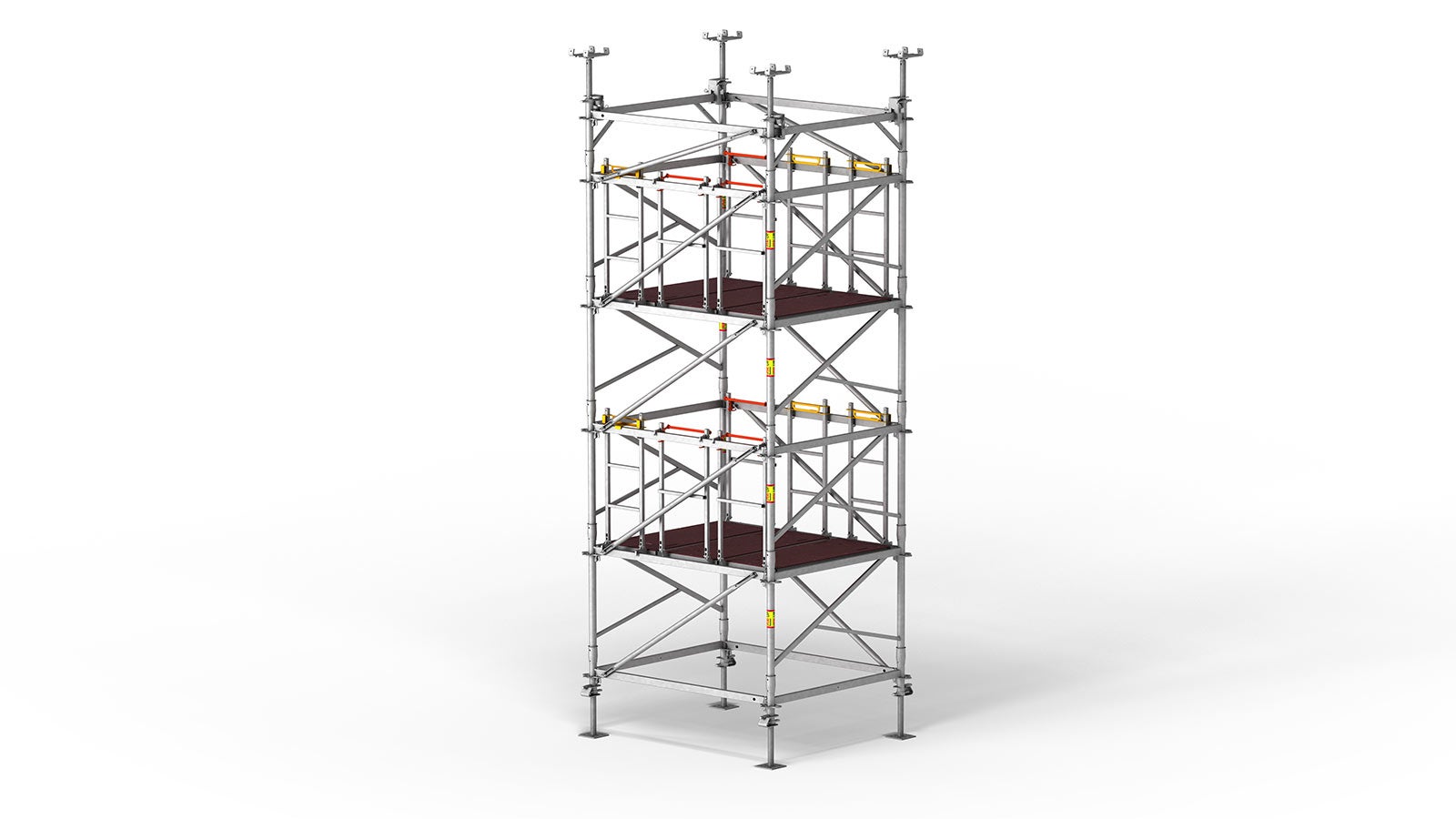 Los niveles de montaje y trabajo de la torre de apuntalamiento PERI UP Flex MDS garantizan unas condiciones de trabajo seguras en todo momento, junto con un acceso interno muy cómodo.