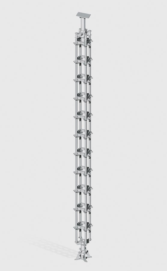 The new, 4-legged heavy-duty prop consists mainly of standard system components taken from the PERI UP Rosett Flex modular scaffolding system. It is used for transferring concentrated loads of up to 200 kN.
