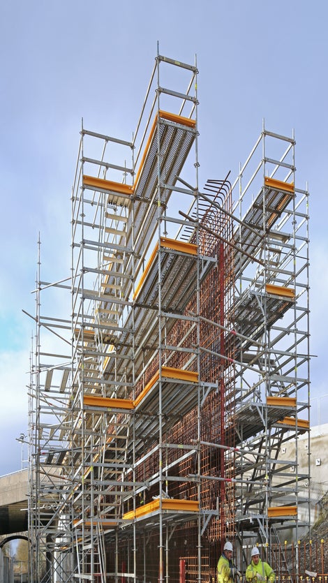 The scaffolding is self-supporting as there are no permanent structures for it to be tied into. 