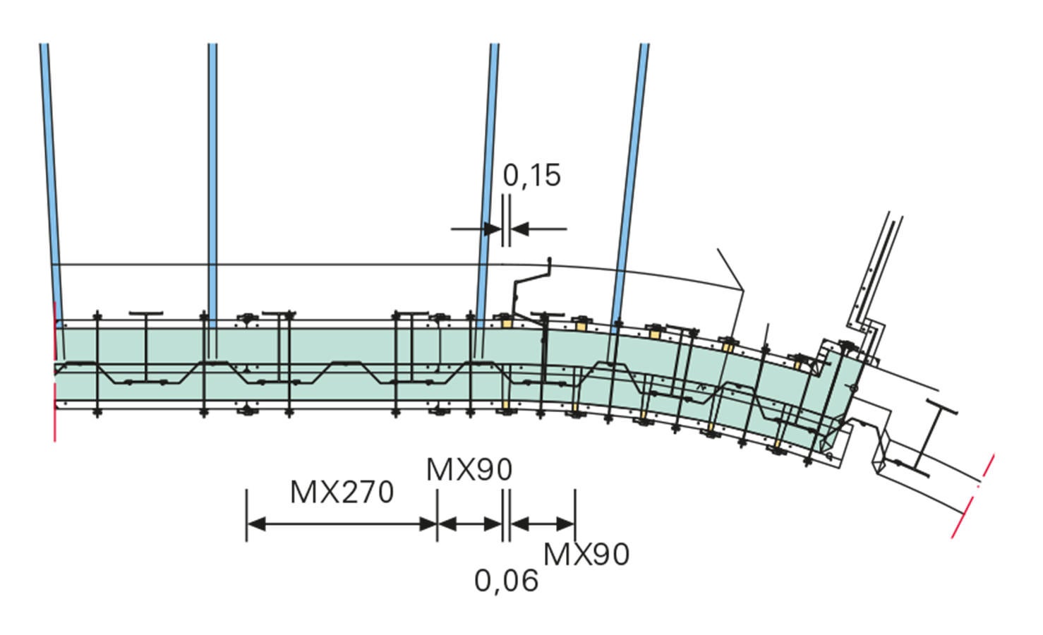 Für die Ausrundungsbereiche wurden die MAXIMO Elemente polygonal angeordnet. Der exakte Zuschnitt der Passhölzer erfolgte im Hamburger PERI Abbundbetrieb, zur Elementverbindung genügte das BFD Richtschloss.