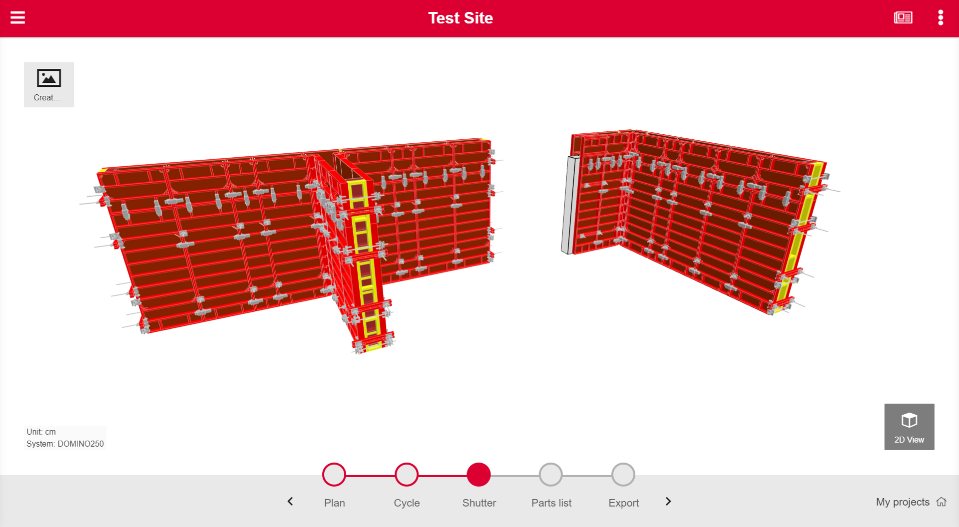 Layout in step shutter: 3D-View of calculated shuttering.