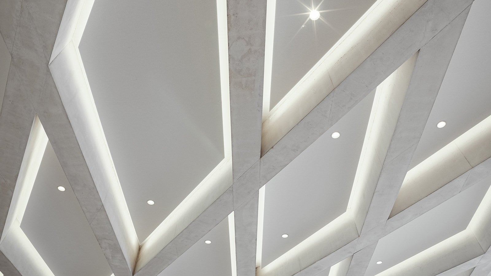 The special reinforced concrete ceiling consists of radial sharp-edged beams. These stand out in SB 4 white concrete from the underlying ceiling in SB 2 grey concrete.<br/>(Photo: Thilo Ross)