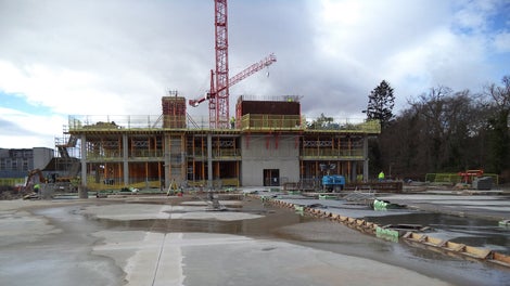 Overall view of construction site, showing cores and walls