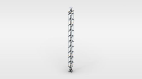 Die vierstielige Schwerlaststütze aus serienmäßigen PERI UP Systemteilen wird zur Ableitung konzentrierter Einzellasten von bis zu 200 kN ein gesetzt.