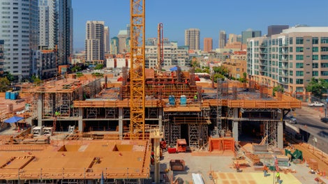 A new 34-story residential tower is under construction at Park Boulevard and Market Street in downtown San Diego, Calif. The new residential tower and an adjoining four-story facility mark the expansion of the University of California, San Diego, into the city’s East Village neighborhood. 