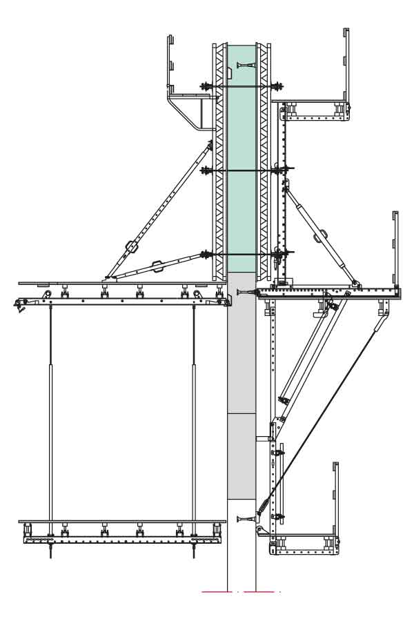 SCS can also be used for two-sided applications with formwork heights up to 6 m. This increases material utilization whilst simultaneously lowering the logistical time and effort.