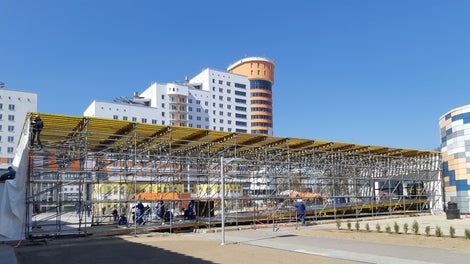 Переходная Галерея. Временный павильон для Европейских Игр 2019 года по ул. Чюрлениса. Студенческая деревня.