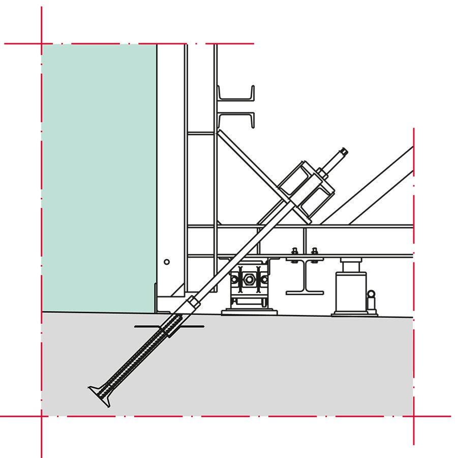 Detailed look at brace frame anchoring with PERI V tie bracket.
