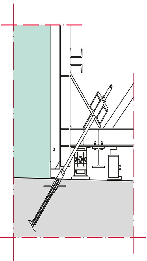 Detailed look at brace frame anchoring with PERI V tie bracket.