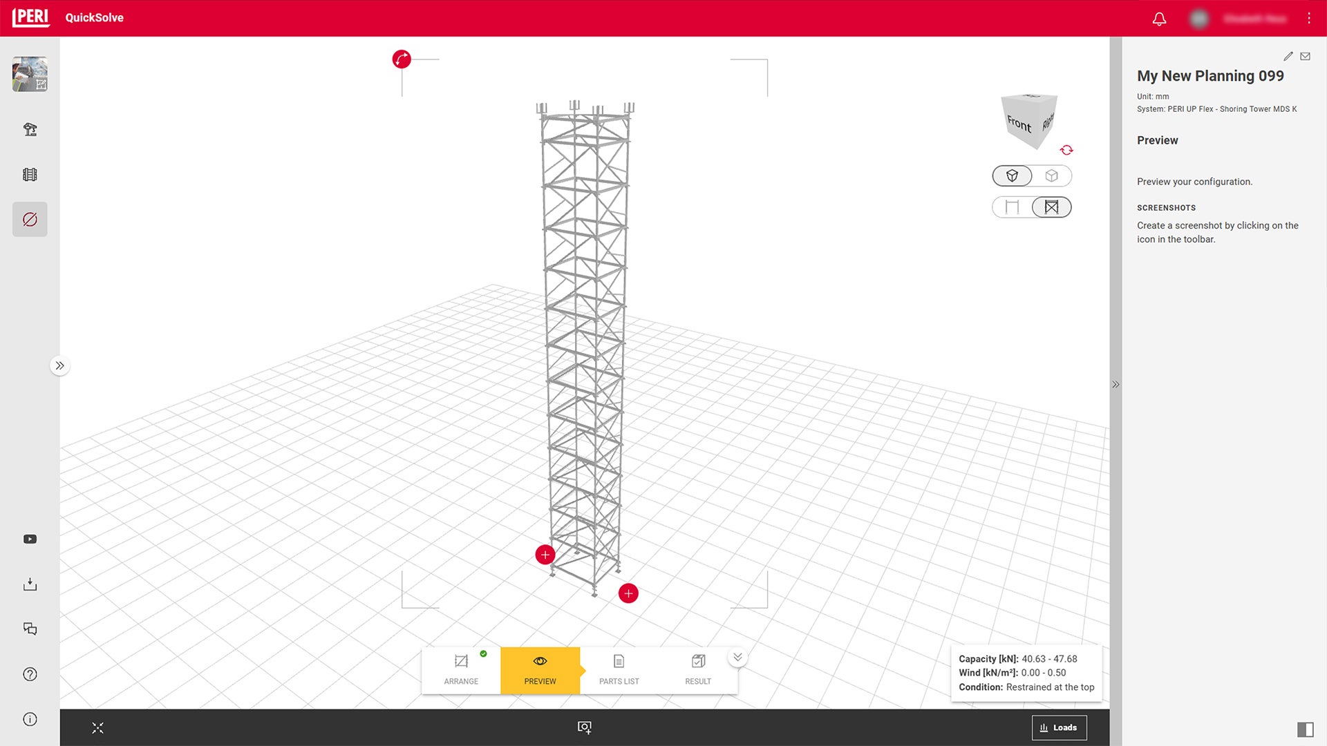 Progettate in pochi istanti la vostra struttura di sostegno per il vostro progetto. Grazie alla semplice definizione della geometria e alla selezione delle opzioni, visualizzate immediatamente la capacità portante consentita e potete utilizzare il sistema in modo ottimale. Grazie all’anteprima, la vostra struttura viene visualizzata subito, facilitando il montaggio.