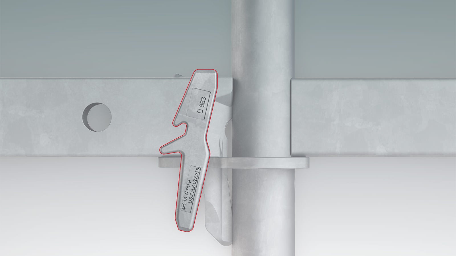 The Gravity Lock in detail: PERI UP scaffold solutions are characterized by the rosette-type design of the scaffold nodes. The ledgers, brackets and supports have a connection in the shape of a wedge which hooks into the rosette opening. In the process, the securing wedge drops into the rosette opening due to its own weight and secures automatically.