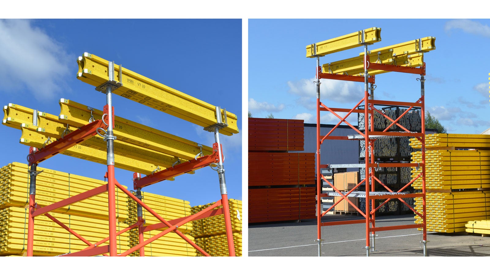 Башни PD5 идеально сочетаются с двутавровыми балками для опалубки PERI VT20 и ST20. В случае одновременного бетонирования перекрытия и монолитного ригеля балки жестко крепятся через хомуты к ригелю башни. При этом выдвижка шпинделя – до 1 м.