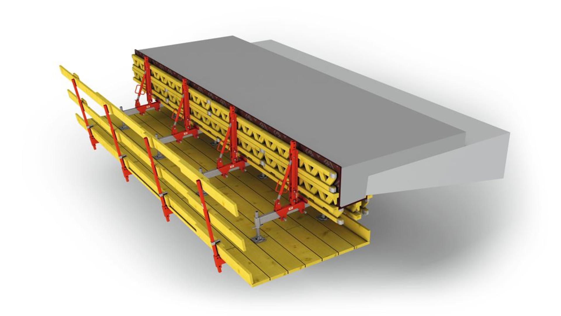 Die leichten Bauteile des VARIOKIT Gesimskappen- und Konsolsystems lassen sich von einer Person per Hubsteiger montieren. Darüber hinaus sind die Konsolen der VARIOKIT Gesimskappenschalung stufenlos und flexibel an unterschiedliche Brückenneigungen anpassbar. Dank der hohen Tragfähigkeit des Sanierungsankers sind große Einflussbreiten realisierbar, was die Anzahl der Ankerstellen deutlich reduziert. Die Bühneneinheiten können vormontiert geliefert und per Kran eingehängt werden. Als Mietlösung verfügbar, verringert das System die anfängliche Kapitalbindung und bietet Bauunternehmen maximale Flexibilität bei der Sanierung von Brücken.