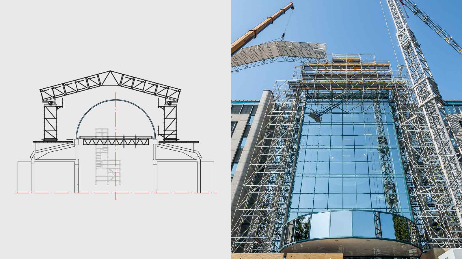 上图为玻璃穹顶的维护，派利计划在为一个玻璃穹顶进行维护时，派利设计了一个位于23米高处64米长的PERI UP平台。派利的顶棚系统保证了施工不受天气的影响。