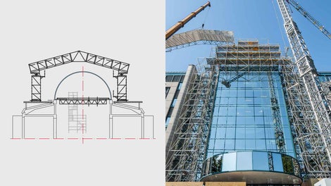 上图为玻璃穹顶的维护，派利计划在为一个玻璃穹顶进行维护时，派利设计了一个位于23米高处64米长的PERI UP平台。派利的顶棚系统保证了施工不受天气的影响。