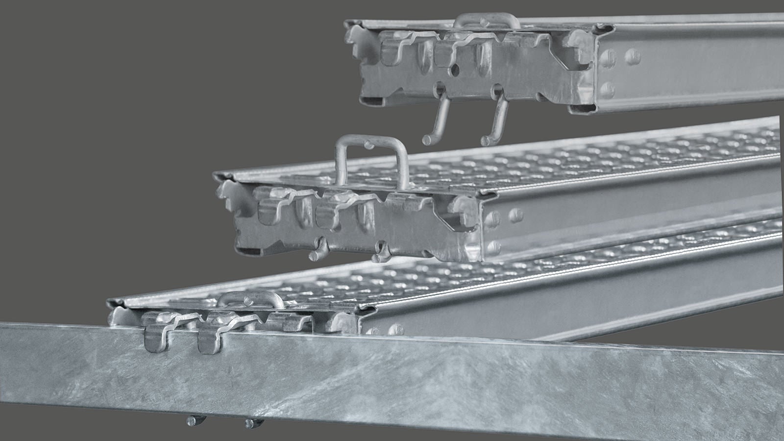 The decking is mounted directly on the steel ledgers and held securely in position without requiring any additional components.