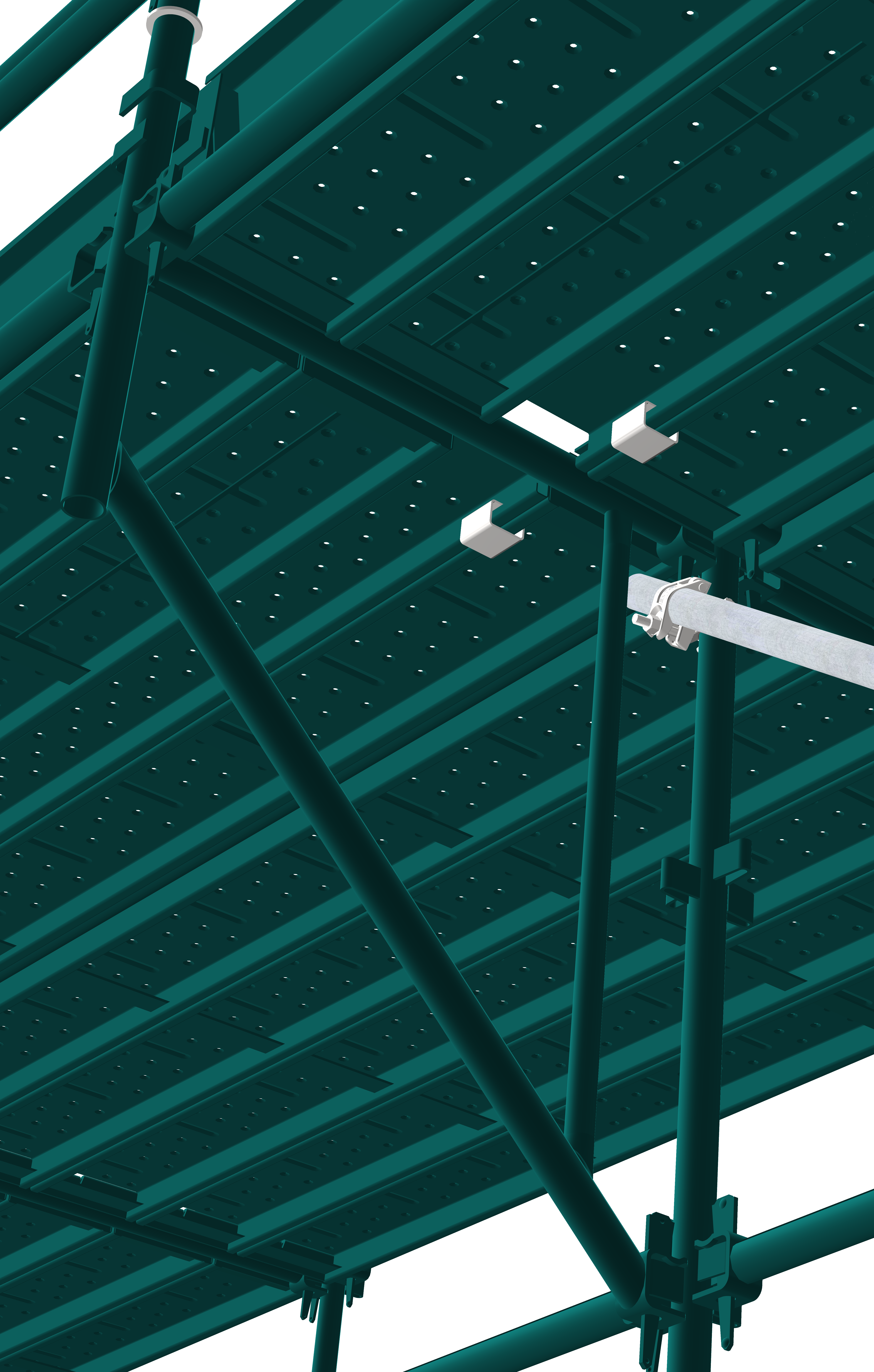 Working platforms can be easily extended and openings between decks closed with filler panels kept in place with clips.