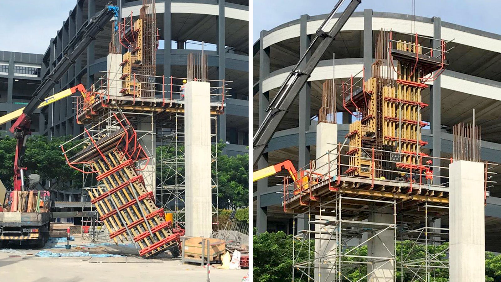 With the help of a crane, the formwork is hoisted up swiftly and quickly installed