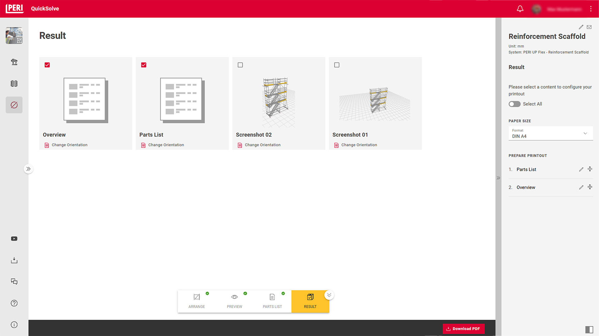 Create in pochi clic un ponteggio di lavoro per la vostra applicazione. Potete configurarlo esattamente secondo le vostre esigenze e successivamente visualizzarlo in 3D per non tralasciare nulla. Stampate la distinta materiali, gli screenshot e le informazioni generali per averli subito a disposizione durante il montaggio.