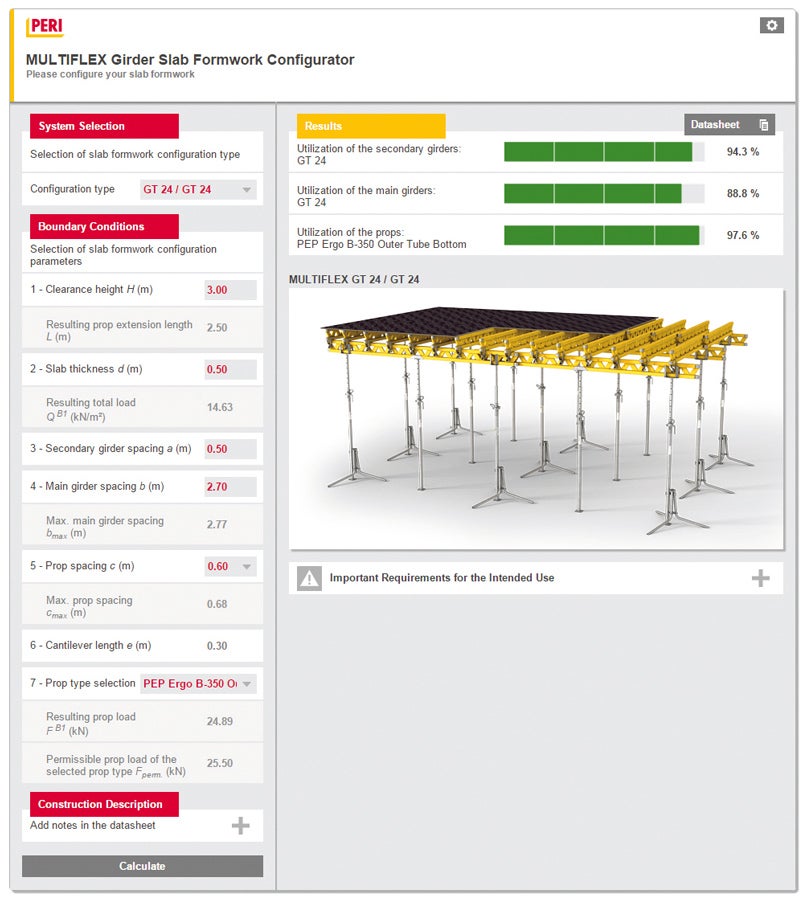 With the MULTIFLEX configurator, beam and prop spacings of the MULTIFLEX Girder Slab Formwork can be easily optimized.