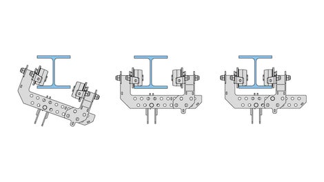 The movable arm of the Trolley can be pushed aside for installation. The spacing of the rollers can be adapted to the steel girder and they are secured with bolts.