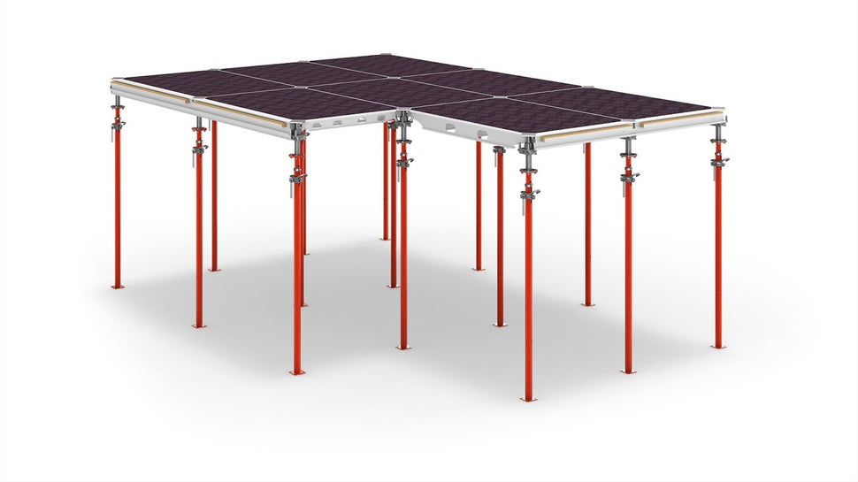 Cuando se trata de encofrar sus losas con ALPHADECK, solo necesita tres componentes: panel, cabezal de caida y apuntalamiento.<br/>