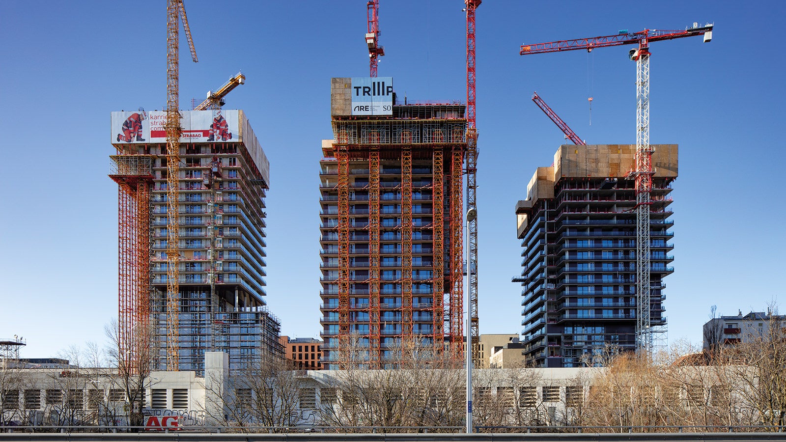 The buildings take on their complex and unusual form through the use of sophisticated systems.