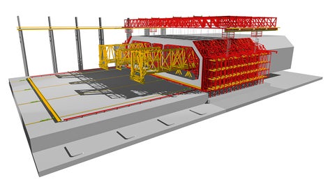 Realization of the three-cell cross-section is achieved using the incremental launching method by means of three sets of tunnel formwork as horizontal moving device.