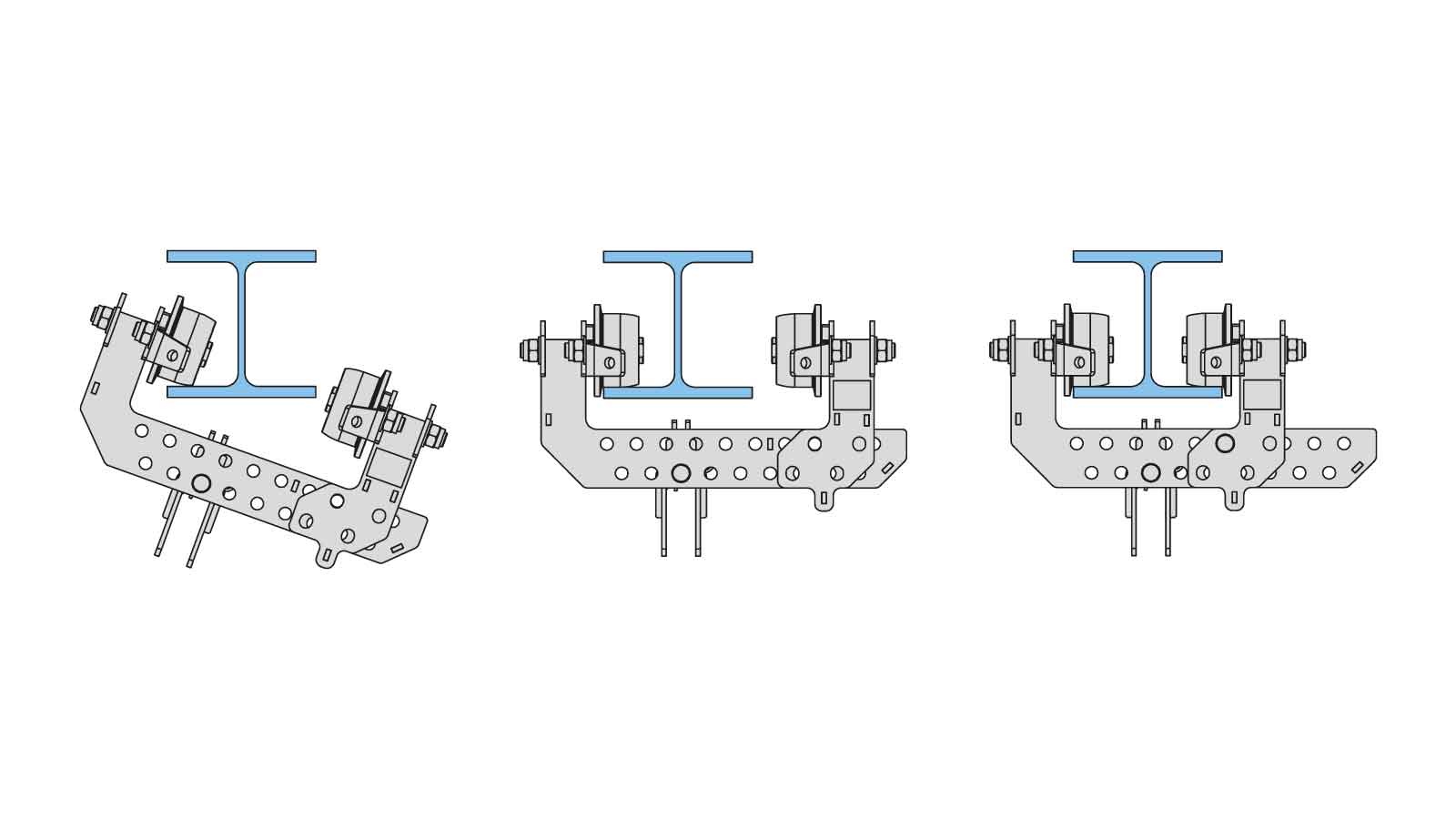 The movable arm of the Trolley can be pushed aside for installation. The spacing of the rollers can be adapted to the steel girder and they are secured with bolts.