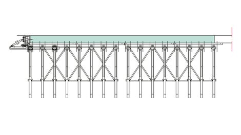 Plano de aterramento das posições da estrutura de escora para um comprimento de ciclo de concretagem com formas de terminação e posições de amarração.