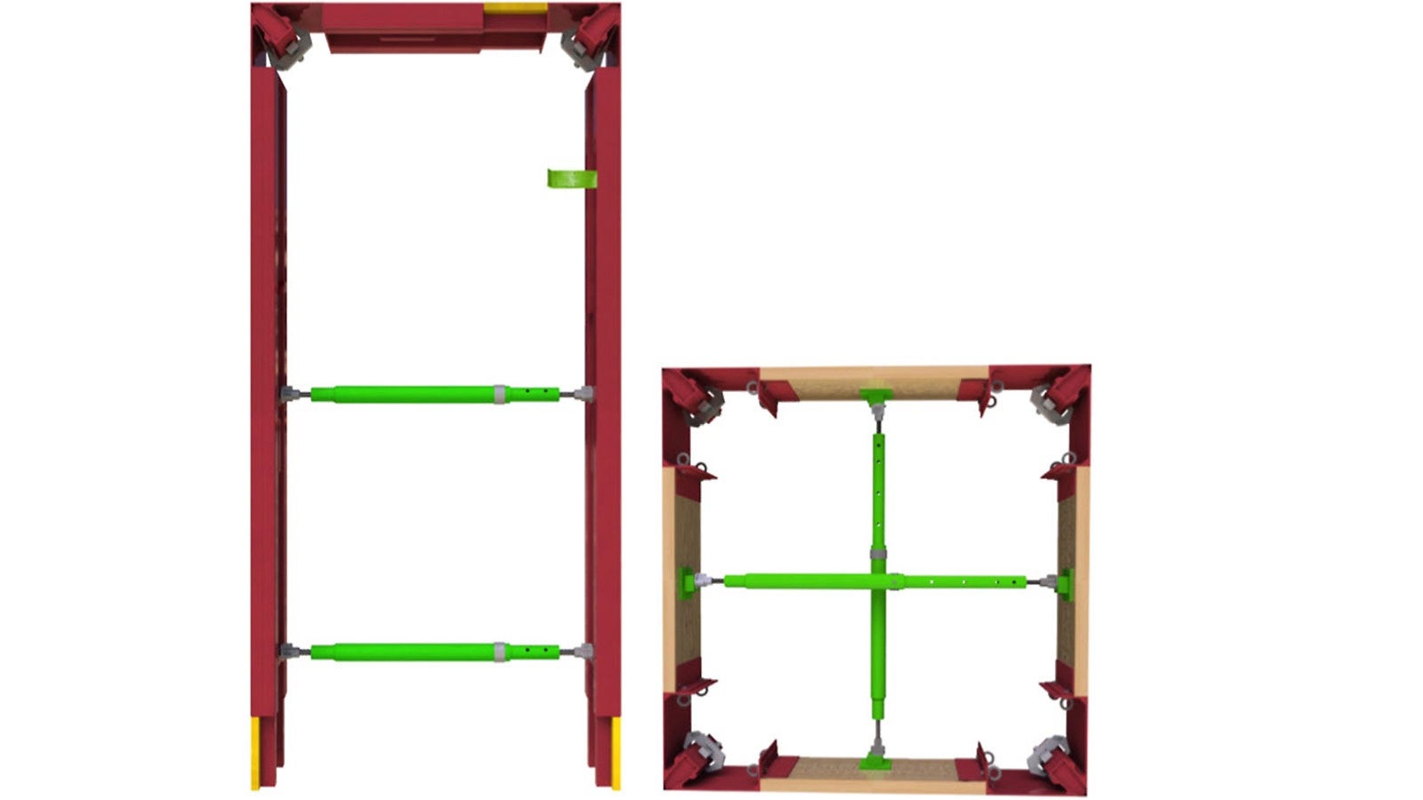 De lichte, robuuste aluminium onderdelen voor de deur- en raamkozijnen werken volgens een modulair principe. Ze bieden verticale en rechthoekige openingen voor wanddiktes van 20, 24, 25 en 30 cm, waardoor er geen omslachtige herbewerking nodig is. Voor dikkere wanden, kunnen de verschillende diktes aan elkaar bevestigd worden.<br/><br/>Bij deuren box-outs zijn dit telescopische verticale en horizontale componenten, waarvan de lengte nauwkeurig aangepast wordt aan de geplande deurafmetingen voor breedtes van 88,5 tot 126 cm en hoogtes van 200 tot 250 cm bij de wanddiktes van 20, 24 en 25 cm, en 101 tot 140 cm voor de wanddikte van 30 cm. <br/>Bij venster box-outs wordt de lengtecompensatie tussen de vier hoekdelen uitgevoerd via bekistingspanelen, meerlaagse panelen of planken voor openingen van 75 cm tot 300 cm.<br/>De montage en demontage van de deur- en raambekisting kan zeer eenvoudig, snel en goedkoop uitgevoerd worden.<br/><br/>Voordelen<br/>Snelle en effectieve bekisting en ontkisting<br/>Nagenoeg geen houten bekisting nodig, dus rendabel en milieuvriendelijk<br/>Kwaliteitsproduct, op maat met vaste vorm