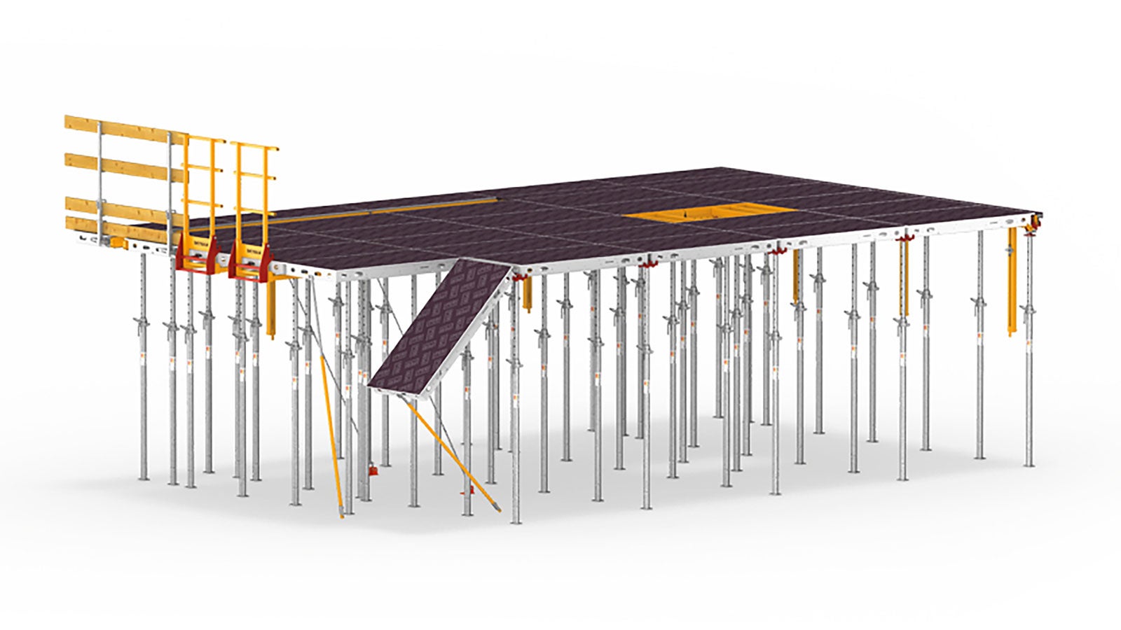 The principle of the innovative SKYMAX formwork solution is based on compatible components made of different materials. This creates a type of modular system that facilites flexible solutions depending on project requirements. The panel slab formwork can be completely assembled from the level below while the components can also be used for assembling slab tables.<br/>(Graphic: PERI GmbH)