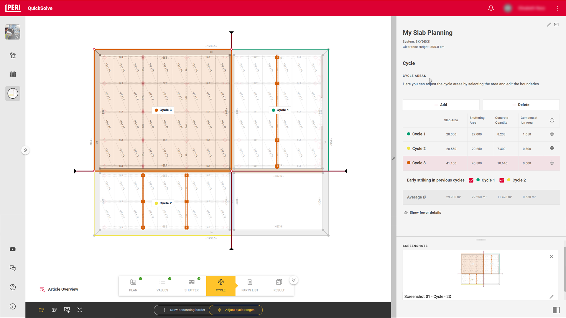 Utilizzate il pianificatore dei solai PERI QuickSolve per il vostro progetto SKYDECK! Ampliato con pareti in laterizio e travi, la progettazione è intuitiva come nel nostro pianificatore per pareti. Definite le aperture del solaio e impostate altezze e spessori diversi per ogni ambiente in modo individuale. Stabilite i limiti di getto e continuate a definire i vostri cicli – se lo desiderate, scegliete il sistema SKYDECK con testa a caduta e disarmo anticipato per ridurre notevolmente il materiale in cantiere.