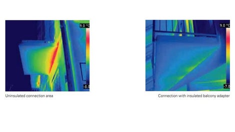Pa kreisi attēlā redzams siltumkameras attēls ar balkonu bez termotiltu elementiem, bet pa labi - ar tiem. Attēli parāda siltumtiltiņu efektivitāti uz ēkas siltumizolāciju.
