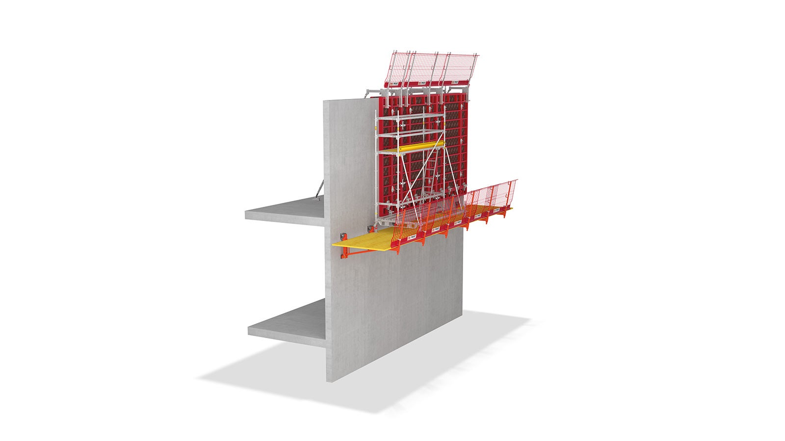 Als Arbeitsbühne im Hochbau ermöglicht VGK einen sicheren Bauablauf. Die vergleichsweise leichten Bauteile werden am Boden vormontiert und als komplette Bühneneinheit am Bauwerk eingehängt. Ergänzend lassen sich auf der geschlossenen Arbeitsbühne Bewehrungsgerüste aufstellen. So werden die Arbeiten aus gesicherter Position heraus ausgeführt, was den Einsatz eines Fassadengerüsts erübrigt.