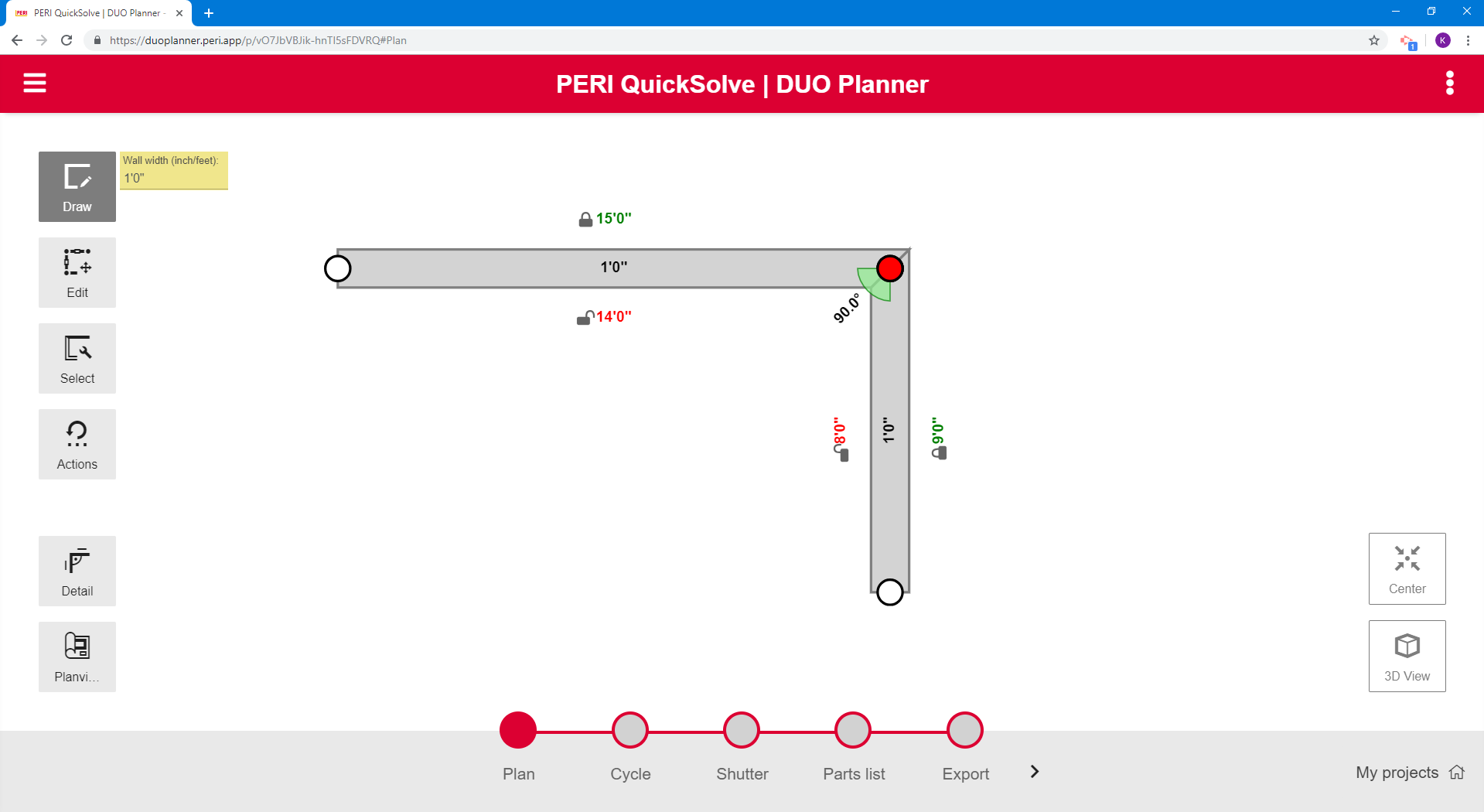 After having entered the wall thickness and height, the user draws the walls by simply dragging the mouse or entering the dimensions in a pop-up box.<br/>