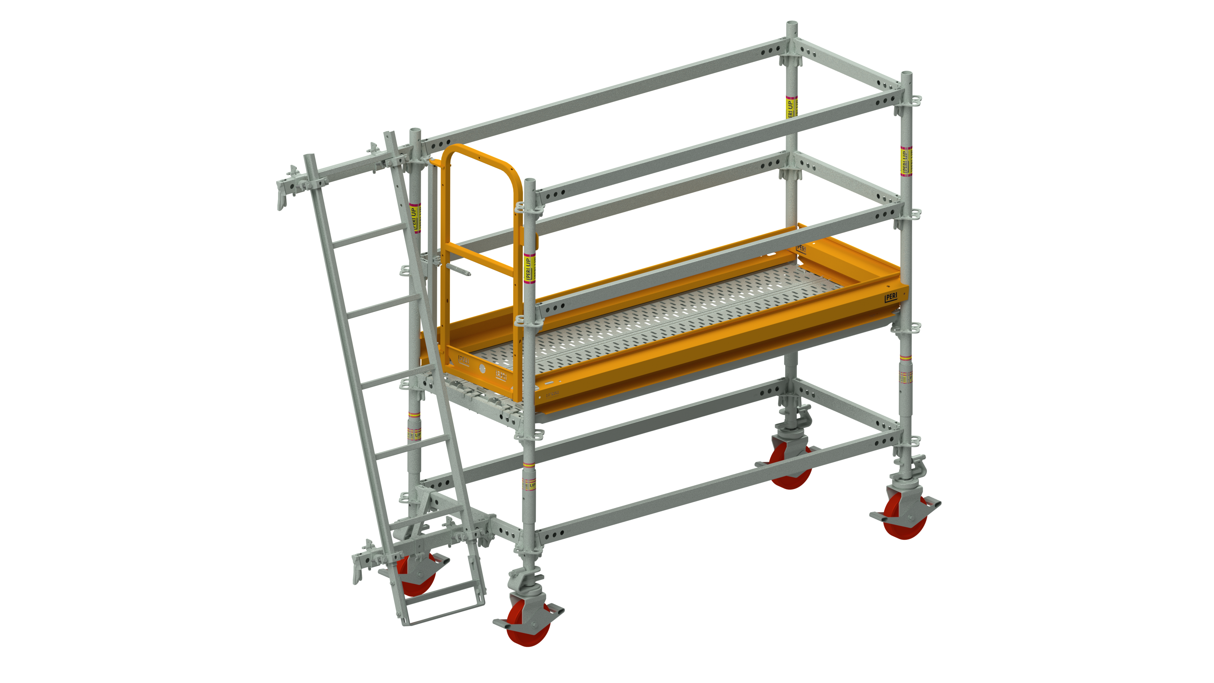 Die Rollgerüste aus dem PERI UP Gerüstbaukasten werden nahezu aus Kernbauteilen erstellt und dienen als Arbeitsgerüst für die Montage und Demontage der Paneel-Deckenschalung.