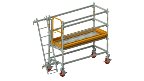 Die Rollgerüste aus dem PERI UP Gerüstbaukasten werden nahezu aus Kernbauteilen erstellt und dienen als Arbeitsgerüst für die Montage und Demontage der Paneel-Deckenschalung.